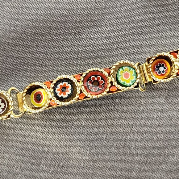 Unsigned Vintage Gold Tone Italian Micro Mosaic Five Link Hinged Floral Bracelet - Picture 7 of 16